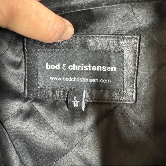 Bod & Christensen Black Leather Coat Size L Quilted Lined Hooded Jacket - Picture 7 of 16